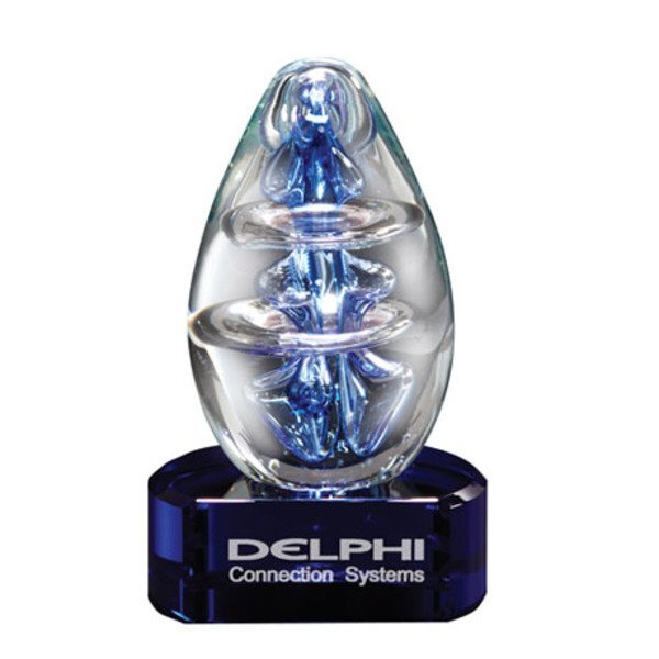 Atom Egg Art Glass Award w/ Blue Glass Base, 3.25" x 5.25"