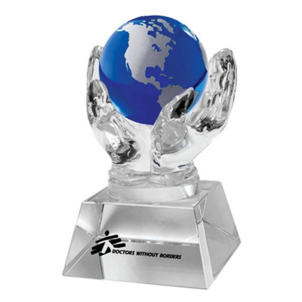 Crystal Hands & Blue Globe Desk Sculpture