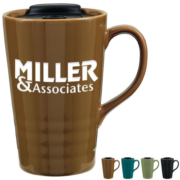 Zen Series Lidded Ceramic Mug - Deep Etched, 18oz.