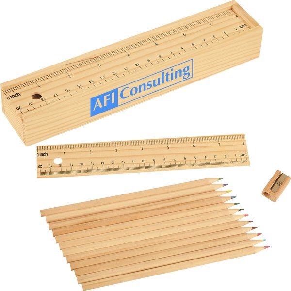 Colored Pencil Set In Wooden Ruler Box