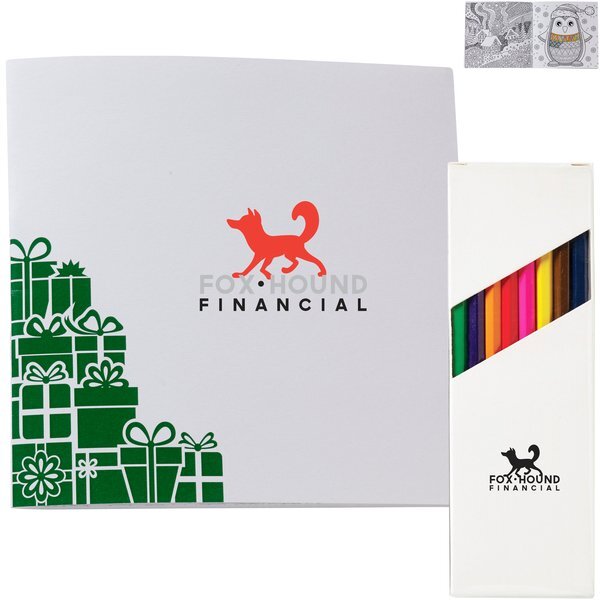 Holiday Deluxe Green Gift Boxes Adult Coloring Book & 8-Piece Color Pencil Set