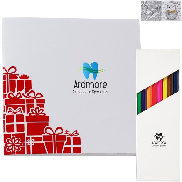 Holiday Deluxe Red Gift Boxes Adult Coloring Book & 8-Piece Color Pencil Set