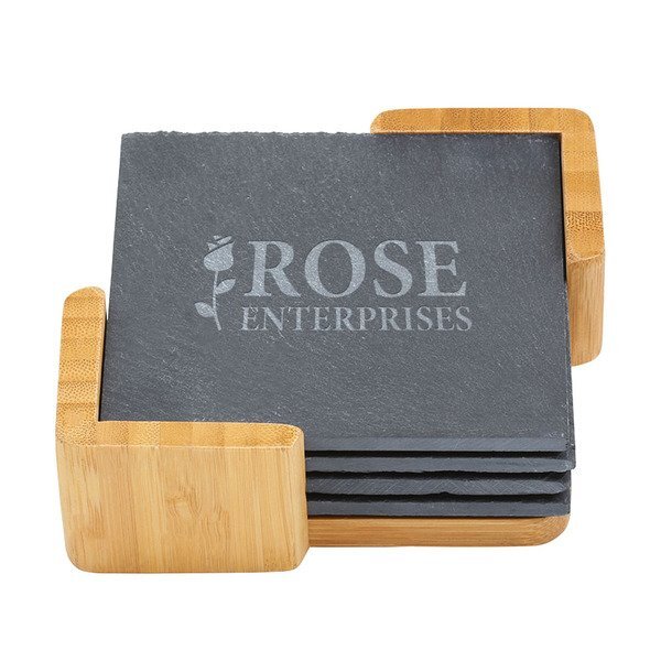 Square Slate Coasters w/ Bamboo Holder