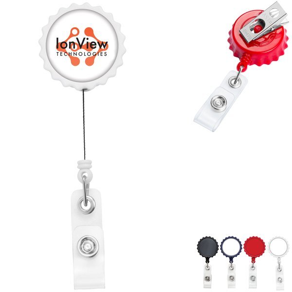 Bottle Cap Retractable Badge Reel, Bull Dog Clip