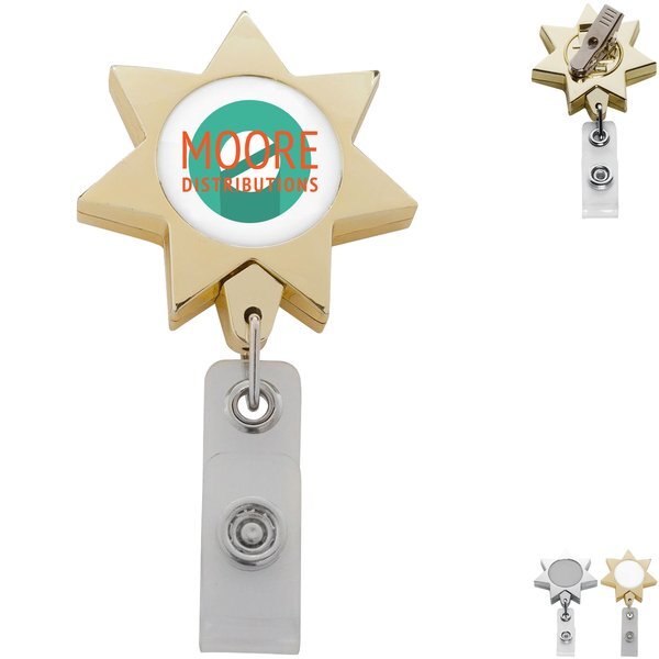 Metallic Finish Seven Point Star Retractable Badge Reel, Alligator Clip