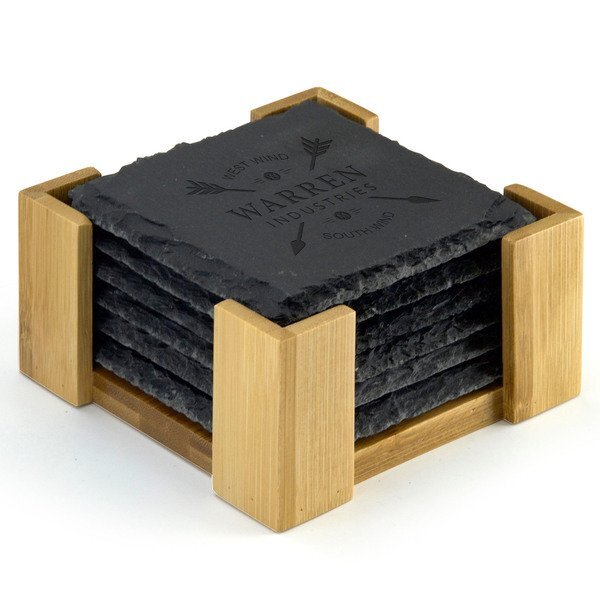 Slate 6 Piece Coaster Set w/ Bamboo Stand