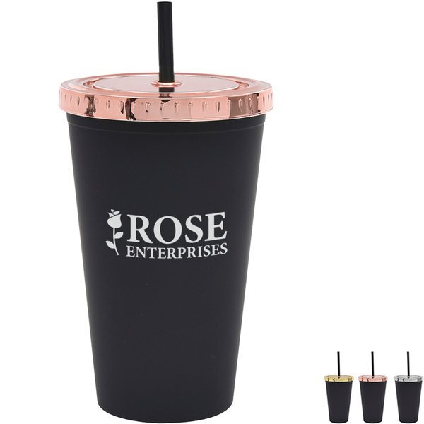 Moonlit Cove Double Wall Tumbler w/ Metallic Lid & Black Straw, 16oz.
