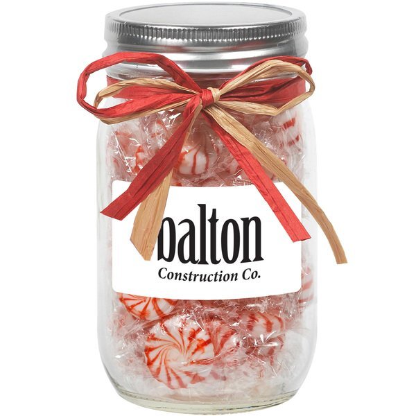 Raffia Bow Glass Mason Jar with Starlight Mints, 16oz.