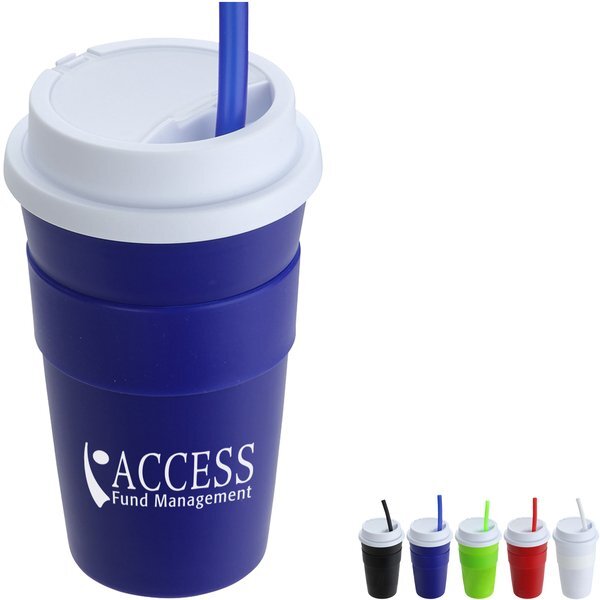 Bistro Coffee Cup Tumbler w/ Silicone Sleeve & Straw, 14oz.
