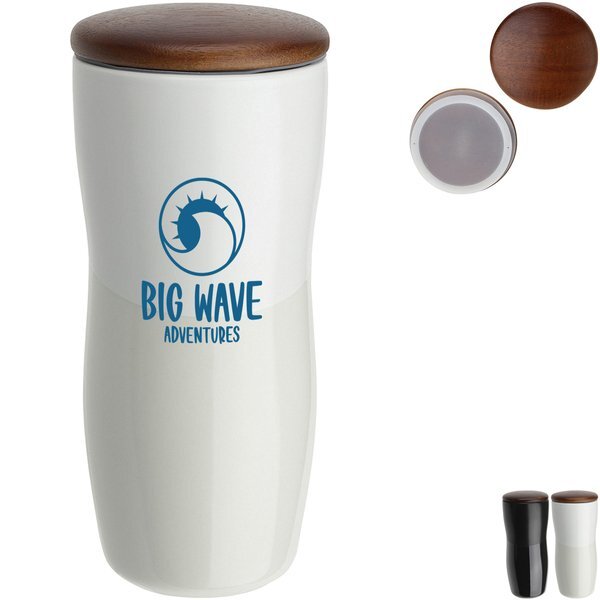 Adriano Double Wall Ceramic Tumbler w/ Wood Lid, 12oz.