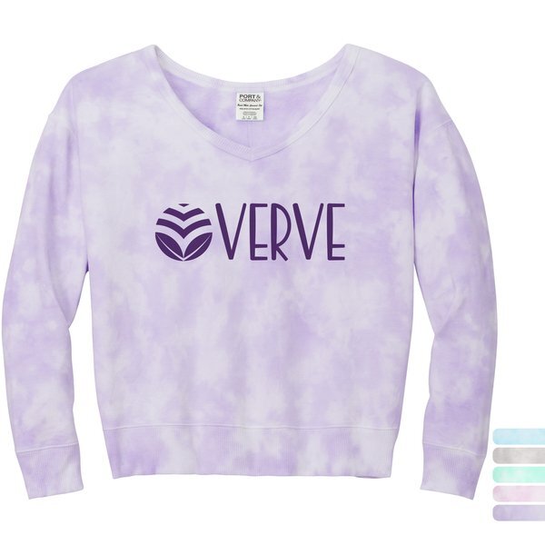 Port & Company® Beach Wash® Cotton/Poly Fleece Cloud Tie-Dye V-Neck Ladies' Sweatshirt
