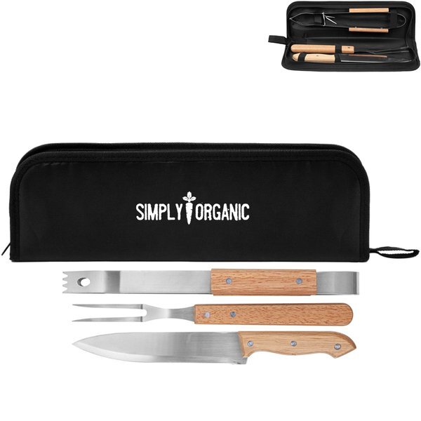 Bamboo 3-Piece BBQ Grill Set in Polyester Case