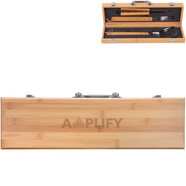 Bamboo 3-Piece BBQ Grill Set in Bamboo Case