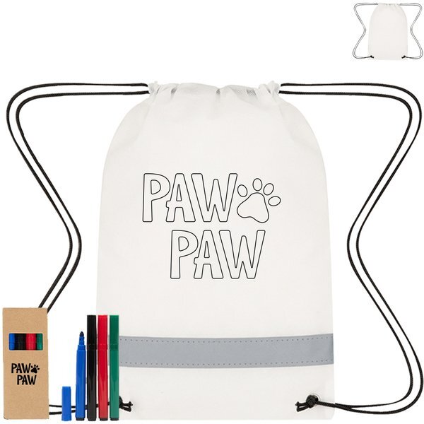 Lil' Bit Reflective Non-Woven Coloring Drawstring Bag w/ 4 Pc Washable Marker Set